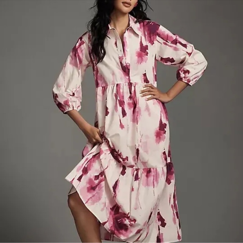 Maeve Pink and Cream Long Sleeve Floral Tiered Maxi Dress